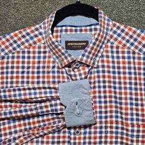 Johnston & Murphy Button Down Shirt Mens Size Large Flip Cuffs Blue Red Plaid